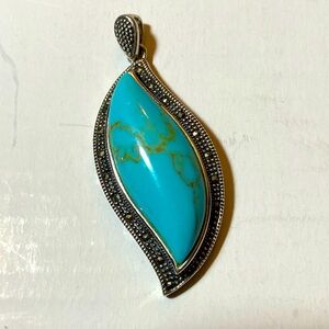 925 CFJ Thailand Signed Natural Turquoise Marcasite Sterling Silver Pendant